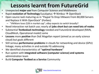 https://portal.futuregrid.org
Lessons learnt from FutureGrid
• Unexpected major use from Computer Science and Middleware
• Rapid evolution of Technology Eucalyptus  Nimbus  OpenStack
• Open source IaaS maturing as in “Paypal To Drop VMware From 80,000 Servers
and Replace It With OpenStack” (Forbes)
– “VMWare loses $2B in market cap”; eBay expects to switch broadly?
• Need interactive not batch use; nearly all jobs short but can need lots of nodes
• Substantial TestbedaaS technology needed and FutureGrid developed (RAIN,
CloudMesh, Operational model) some
• Lessons more positive than DoE Magellan report (aimed as an early science
cloud) but goals different
• Still serious performance problems in clouds for networking and device (GPU)
linkage; many activities in and outside FG addressing
• We identified characteristics of “optimal hardware”
• Run system with integrated software (computer science) and systems
administration team
• Build Computer Testbed as a Service Community
29
 