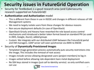 https://portal.futuregrid.org
Security issues in FutureGrid Operation
• Security for TestBedaaS is a good research area (a...