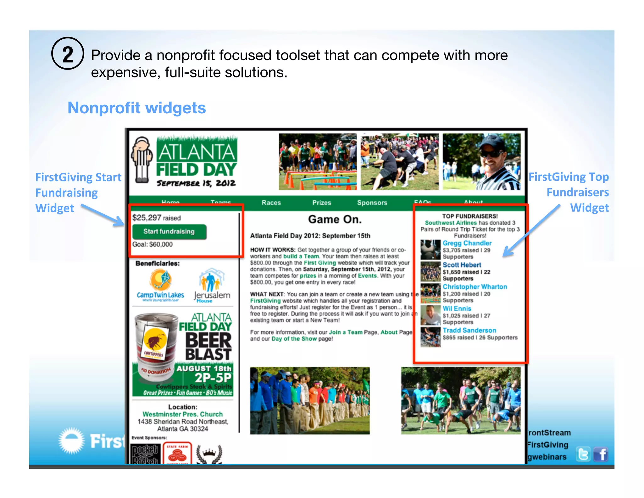 2      Provide a nonproﬁt focused toolset that can compete with more
              expensive, full-suite solutions. 

        Nonproﬁt widgets



FirstGiving	
  Start	
                                                        FirstGiving	
  Top	
  
Fundraising	
                                                                     Fundraisers	
  
Widget	
                                                                              Widget	
  
 