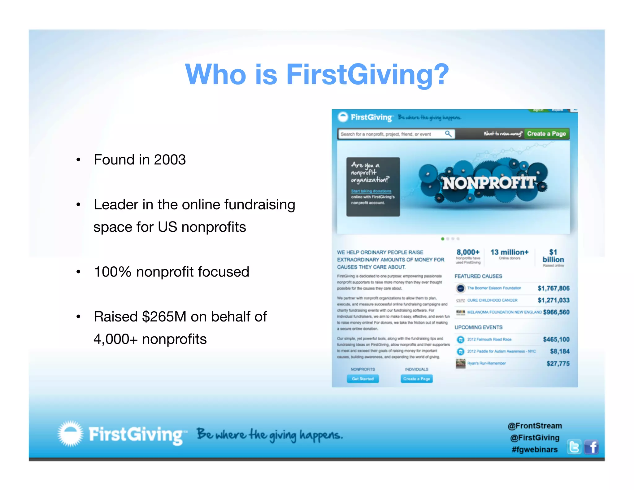 Who is FirstGiving?

•  Found in 2003
  
•  Leader in the online fundraising
  space for US nonproﬁts
  
•  100% nonproﬁt focused
  
•  Raised $265M on behalf of
  4,000+ nonproﬁts
 