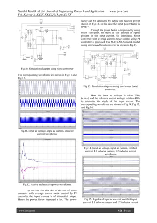 Saubhik Maulik al. Int. Journal of Engineering Research and Application
Vol. X, Issue X, XXXX-XXXX 2013, pp.XX-XX

www.ijera.com

factor can be calculated by active and reactive power
shown in Fig.12. In this case the input power factor is
0.9877.
Though the power factor is improved by using
boost converter, but there is fair amount of ripple
present in the input current. So interleaved boost
converter with average current mode control using PI
controller is proposed. The MATLAB-Simulink model
using interleaved boost converter is shown in Fig.13.

Fig.10. Simulation diagram using boost converter
The corresponding waveforms are shown in Fig.11 and
Fig.12.
Fig.13. Simulation diagram using interleaved boost
converter.
Here the input ac voltage is taken 200v
(r.m.s.) and the reference output voltage is taken 400v
to minimize the ripple of the input current. The
corresponding waveforms are shown in Fig.14, Fig 15,
and Fig.16.

Fig.11. Input ac voltage, input ac current, inductor
current waveforms

Fig.14. Input ac voltage, input ac current, rectified
current, L1 inductor current, L2 inductor current
waveforms.

Fig.12. Active and reactive power waveforms
As we can see that due to the use of boost
converter with average current mode control by PI
controller the input current is of sinusoidal shape.
Hence the power factor improved a lot. The power

www.ijera.com

Fig.15. Ripples of input ac current, rectified input
current, L1 inductor current and L2 inductor current
921 | P a g e

 