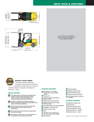 Komatsu “Proven Ability”
is Komatsu’s ability to eclipse the
competition by taking the complicated
and making it simple. We strive to provide
innovative solutions using the technologies of
tomorrow—today.
OverallWidth,
DriveTires
CarriageWidth
Tread,Front
Tread,RearHeightOverheadGuard
MastHeight,Extended
MaximumForkHeight
MastHeight,Lowered
Turning Radius, Outside
Mast Tilt
Fwd. / Bk.
37.4"
(950mm)
Free Lift
Fork Length
Wheel Base
Length to Fork Face
SPECIAL FEATURES
The TB45E gasoline and Komatsu S6D102E diesel
industrial engines deliver exceptional power,
emission control, and reliable operation for
enhanced productivity and fuel efficiency.
Suspension compartment (SC) greatly reduces
operator fatigue by isolating the compartment from
engine and traveling vibrations.
Swing up engine bonnet and lift out floor plate
provide quick access for daily checks and
maintenance.
Open perforated steps and assist hand grip make
entry and exit easier.
Dash display provides easy to read information to
the operator and maintenance personnel.
Overhead Guard
Sedimeter (Diesel Units)
Tiltable Steering Column
Torque Converter Oil Cooler
Turn Signal, Back-up, Stop and
Tail Lights
OPTIONAL EQUIPMENT
Additional Length Forks
Attachments
Auxiliary Hydraulic Valve
Internal Hydraulic Hosing
Warning Devices – Audible
Warning Devices – Visual
STANDARD EQUIPMENT
Dash Display – Fuel, Water
Temperature and Hour Meter
Gauges
Drawbar Pin
Electronic Ignition; Anti-Restart
Ignition Switch
Engine Key Stop (Diesel Units)
Engine Oil Pressure and Charge
Warning Lamps
Fully Hydrostatic Power Steering (FHPS)
Headlights – OHG mounted
High Air Intake in OHG
Horn
“Komfort” Seat and Operator
Restraint System with Lap Belts
Load Backrest Contact your authorized dealer for other options.
MAST DATA & FEATURES
CALL YOUR LOCAL KOMATSU
FORKLIFT DEALER FOR MAST &
ATTACHMENT OPTIONS.
 