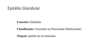 Epitélio Glandular
Conceito: Glândulas
Classificação: Unicelular ou Pluricelular (Multicelular)
Origem: epitélio de revestimento
 
