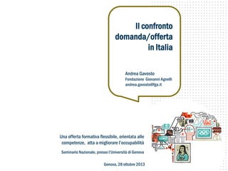 Il confronto
domanda/offerta
in Italia
Andrea Gavosto

Fondazione Giovanni Agnelli
andrea.gavosto@fga.it

Una offerta formativa flessibile, orientata alle
competenze, atta a migliorare l’occupabilità
Seminario Nazionale, presso l’Università di Genova
Genova, 28 ottobre 2013

 