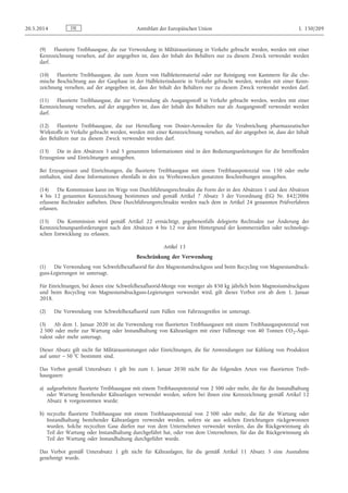 (9) Fluorierte Treibhausgase, die zur Verwendung in Militärausrüstung in Verkehr gebracht werden, werden mit einer
Kennzeichnung versehen, auf der angegeben ist, dass der Inhalt des Behälters nur zu diesem Zweck verwendet werden
darf.
(10) Fluorierte Treibhausgase, die zum Ätzen von Halbleitermaterial oder zur Reinigung von Kammern für die che­
mische Beschichtung aus der Gasphase in der Halbleiterindustrie in Verkehr gebracht werden, werden mit einer Kenn­
zeichnung versehen, auf der angegeben ist, dass der Inhalt des Behälters nur zu diesem Zweck verwendet werden darf.
(11) Fluorierte Treibhausgase, die zur Verwendung als Ausgangsstoff in Verkehr gebracht werden, werden mit einer
Kennzeichnung versehen, auf der angegeben ist, dass der Inhalt des Behälters nur als Ausgangsstoff verwendet werden
darf.
(12) Fluorierte Treibhausgase, die zur Herstellung von Dosier-Aerosolen für die Verabreichung pharmazeutischer
Wirkstoffe in Verkehr gebracht werden, werden mit einer Kennzeichnung versehen, auf der angegeben ist, dass der Inhalt
des Behälters nur zu diesem Zweck verwendet werden darf.
(13) Die in den Absätzen 3 und 5 genannten Informationen sind in den Bedienungsanleitungen für die betreffenden
Erzeugnisse und Einrichtungen anzugeben.
Bei Erzeugnissen und Einrichtungen, die fluorierte Treibhausgase mit einem Treibhauspotenzial von 150 oder mehr
enthalten, sind diese Informationen ebenfalls in den zu Werbezwecken genutzten Beschreibungen anzugeben.
(14) Die Kommission kann im Wege von Durchführungsrechtsakte die Form der in den Absätzen 1 und den Absätzen
4 bis 12 genannten Kennzeichnung bestimmen und gemäß Artikel 7 Absatz 3 der Verordnung (EG) Nr. 842/2006
erlassene Rechtsakte aufheben. Diese Durchführungsrechtsakte werden nach dem in Artikel 24 genannten Prüfverfahren
erlassen.
(15) Die Kommission wird gemäß Artikel 22 ermächtigt, gegebenenfalls delegierte Rechtsakte zur Änderung der
Kennzeichnungsanforderungen nach den Absätzen 4 bis 12 vor dem Hintergrund der kommerziellen oder technologi­
schen Entwicklung zu erlassen.
Artikel 13
Beschränkung der Verwendung
(1) Die Verwendung von Schwefelhexafluorid für den Magnesiumdruckguss und beim Recycling von Magnesiumdruck­
guss-Legierungen ist untersagt.
Für Einrichtungen, bei denen eine Schwefelhexafluorid-Menge von weniger als 850 kg jährlich beim Magnesiumdruckguss
und beim Recycling von Magnesiumdruckguss-Legierungen verwendet wird, gilt dieses Verbot erst ab dem 1. Januar
2018.
(2) Die Verwendung von Schwefelhexafluorid zum Füllen von Fahrzeugreifen ist untersagt.
(3) Ab dem 1. Januar 2020 ist die Verwendung von fluorierten Treibhausgasen mit einem Treibhausgaspotenzial von
2 500 oder mehr zur Wartung oder Instandhaltung von Kälteanlagen mit einer Füllmenge von 40 Tonnen CO2-Äqui­
valent oder mehr untersagt.
Dieser Absatz gilt nicht für Militärausrüstungen oder Einrichtungen, die für Anwendungen zur Kühlung von Produkten
auf unter – 50 °C bestimmt sind.
Das Verbot gemäß Unterabsatz 1 gilt bis zum 1. Januar 2030 nicht für die folgenden Arten von fluorierten Treib­
hausgasen:
a) aufgearbeitete fluorierte Treibhausgase mit einem Treibhauspotenzial von 2 500 oder mehr, die für die Instandhaltung
oder Wartung bestehender Kälteanlagen verwendet werden, sofern bei ihnen eine Kennzeichnung gemäß Artikel 12
Absatz 6 vorgenommen wurde;
b) recycelte fluorierte Treibhausgase mit einem Treibhauspotenzial von 2 500 oder mehr, die für die Wartung oder
Instandhaltung bestehender Kälteanlagen verwendet werden, sofern sie aus solchen Einrichtungen rückgewonnen
wurden. Solche recycelten Gase dürfen nur von dem Unternehmen verwendet werden, das die Rückgewinnung als
Teil der Wartung oder Instandhaltung durchgeführt hat, oder von dem Unternehmen, für das die Rückgewinnung als
Teil der Wartung oder Instandhaltung durchgeführt wurde.
Das Verbot gemäß Unterabsatz 1 gilt nicht für Kälteanlagen, für die gemäß Artikel 11 Absatz 3 eine Ausnahme
genehmigt wurde.
DE20.5.2014 Amtsblatt der Europäischen Union L 150/209
 