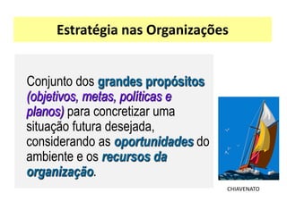 Estratégia nas Organizações


Conjunto dos grandes propósitos
(objetivos, metas, políticas e
planos) para concretizar uma
situação futura desejada,
considerando as oportunidades do
ambiente e os recursos da
organização.
                                   CHIAVENATO
 