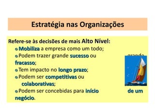 Estratégia nas Organizações

Refere-se às decisões de mais Alto Nível:
   Mobiliza a empresa como um todo;

   Podem trazer grande sucesso ou          grande
  fracasso;
   Tem impacto no longo prazo;

   Podem ser competitivas ou

     colaborativas;
   Podem ser concebidas para início        de um
  negócio.
 