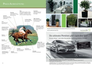 Polo-Ausstattung

                                                          Helm                                          Handschuhe
                                                          steife Oberfläche, gefüttert. Schützt         schützen den Reiter und
                            Polo-Sattel                   den Spieler vor Schlägen der Gegner           geben besseren Halt für
                            unterscheidet sich von        und Bällen. Gesichtschutz (Facegu-            den Schläger.
                            anderen Sätteln u.a. durch    ard) kann zusätzlich befestigt werden.
                            flache Polsterung.
      Satteldecke
      längs unter dem Sattel,
      bringt minimales Gewicht
      auf das Pferd.                                                                                    Zügel / Zaumzeug
                                                                           Geschorene Mähne             geben dem Reiter direkte
                                                                           dient der Sicherheit für     Kontrolle über das Pferd.
Gerte                                                                      Pferd und Reiter             Aus Leder gefertigt.
ist ein dünner, sehr
biegsamer Stock.


                                                                                                                Schlägerkopf / „Zigarre“
Geflochtener Schweif                                                                                            aus Hartholz, gewinkelt,
da sich sonst beim                                                                                              widerstandsfähig auch bei
Schlagen der Schläger                                                                                           harten Schlägen in den         Ihr grüner Veranstaltungspartner für exklusive Mietpflanzen & Floristik.
verfangen kann.                                                                                                 Boden.
                                                                                                                                               www.eventfloristik-duerr.de




Reithosen
weiße Jeans.                                                                                                                                        Die schönsten Pferdchen gibt‘s nach dem Spiel …
                                                                                                                                                    Die neue A-Klasse1 – jetzt in Ihrer Mercedes-Benz Niederlassung Frankfurt/Offenbach!
Reitstiefel
sind meist braun.
                                                                                                                   Schläger / Stick
                                                                                                                                                                                                                                                                    ot?
                                                                                                                   aus Bambus oder Glasfa-
                                                                                                                   ser, flexibel, ermöglicht
                                                                                                                                                                                                                                                Probefahrt? Angeb
Sporen                                                                                                             dem Reiter einen Schlag                                                                                                              Beratung?
haben keine Spitzen und                                                                                            unter dem Hals oder am                                                                                                                           880
verletzen das Pferd nicht,                                                                                         Schweif des Pferdes zu                                                                                                        Tel.: 0800 333 44
dienen lediglich zur direkten
                                                                                                                                                                                                                                                                  imler.com
                                                                                                                                                                                                                                              E-Mail: aklasse@da
                                                                                                                   schlagen.
Steuerung und zur Kontrolle
                                                  Steigbügel               Knieschoner
über das Pony.
                                                  Aus Sicherheitgründen    schützen den Reiter.
                                                  ohne Gummieinsatz.
                                                                                                      Martingale
 Sicherheitsriemen              Bandagen                                                              hemmen die Kopfneigung.
 halten die Bandagen            schützen die Sehnen.
 zusammen.




                                                                                                                                                    Mercedes-Benz Niederlassung Frankfurt/Offenbach der Daimler AG
                                                                                                                                                    Frankfurt: Heerstraße 66, Hanauer Landstraße 121, Hahnstraße 45, Offenbach: Daimlerstraße 27
                                                                                                                                                    www.frankfurt.mercedes-benz.de
                                                                                                                                                    1
                                                                                                                                                      Kraftstoffverbrauch innerorts/außerorts/kombiniert: 8,4-4,5/5,1-3,3/6,4-3,8 l/100 km. CO2-Emissionen kombiniert: 148-98 g/km.
 10                                                                                                                                                 Energieefﬁzienzklasse: C-A+. Diese Angaben beziehen sich nicht auf ein einzelnes Fahrzeug und sind nicht Bestandteil des Angebotes,
                                                                                                                                                    sondern dienen allein Vergleichzwecken zwischen verschiedenen Fahrzeugen.
 