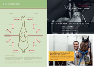 Grundschläge
                                                                                                                                                                                                   Chukka..
                                                                                                                                                                                           We play your game
                   nearsid e                                                                        offside



                               under the neck                              under the neck




                    Drive                                                                             Drive
                                                                                                                                     BEST SWISS ASSET MANAGEMENT 2011


       Cut                                                                                                           Cut                                                         w w w. b r o k e r s c l u b . a g

      Forhander
      Backhan der



       Cut                                                                                                           Cut



                    Drive                                                                           Drive




                             under the tail                                    under the tail
                                                                                                                                 Wahre Fürsorge für Vierbeiner?
                                                                                                                                 Wir machen das.                             Soufiane El Harchi,
                                                                                                                                                                             Tierkoordinator Frankfurt Animal Lounge
      Die vier Grundschläge:                                                                                                     Für Ihre Tiere nur das Beste: In unserer Animal Lounge sorgen wir Tierkoordinatoren und Tier-
      Im Gegensatz zu anderen Ballsportarten ist es beim Polo     nearside-Schläge sind naturgemäß schwieriger. Sie sind         pfleger dafür, dass es Ihrem Champion rundum gut geht. Mit Pflege- und Transporterfahrung,
                                                                                                                                 unter tierärztlicher Aufsicht – und mit viel, viel Tierliebe. So kommt Ihre wertvollste Fracht
      wegen des Regelwerkes und der Geschwindigkeit nicht         allerdings notwendig, nämlich dann, wenn auf der offside
                                                                                                                                 immer gesund und munter an. Mehr über unsere Animal Lounge erfahren Sie unter
      immer möglich, sich optimal zum Ball zu stellen.            gleichzeitig geritten wird.                                    www.lufthansa-cargo.de/qualitaet

      Es wird zwischen „offside-Schlägen“ (rechte Seite) und      Die Schläge unter dem Pferdehals werden als „under the
      „nearside-Schlägen“ (linke Seite) unterschieden. Die ein-   neck“ bezeichnet, die hinter dem Pferd als „under the tail“.
      facheren „natürlichen“ Schläge sind die auf der offside.

12
 