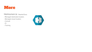 More
Helmsmen.io Rapide/Osso
- Managed dedicated clusters
- Managed cloud clusters
- Consult
- CI
- Training
 