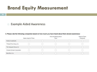 Brand Equity Measurement
 Example Top of Mind awareness:
 What is the first brand that comes to your mind when you
think of [Product category] women bags?
33
 