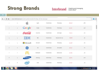 Brand Equity Measurement
 Brand Equity can be measured at the
 Firm level
 Product level
 Consumer level
9
 