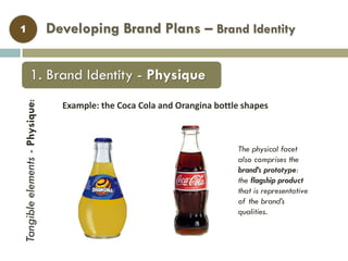 Developing Brand Plans – Brand Identity1Tangibleelements-Physique:
The physical facet
also comprises the
brand’s prototype:
the flagship product
that is representative
of the brand’s
qualities.
1. Brand Identity - Physique
Example: the Coca Cola and Orangina bottle shapes
 