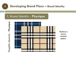Developing Brand Plans – Brand Identity1
Tangibleelements-Physique:
Burberry's
classic
checked
pattern
1. Brand Identity - Physique
 