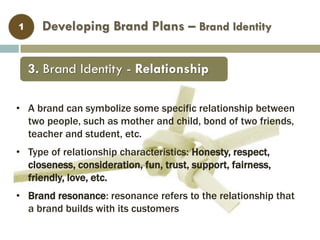 Developing Brand Plans – Brand Identity1
• A brand can symbolize some specific relationship between
two people, such as mother and child, bond of two friends,
teacher and student, etc.
• Type of relationship characteristics: Honesty, respect,
closeness, consideration, fun, trust, support, fairness,
friendly, love, etc.
• Brand resonance: resonance refers to the relationship that
a brand builds with its customers
3. Brand Identity - Relationship
 