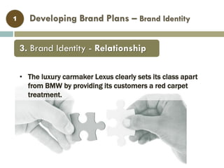 Developing Brand Plans – Brand Identity1
• The luxury carmaker Lexus clearly sets its class apart
from BMW by providing its customers a red carpet
treatment.
3. Brand Identity - Relationship
 