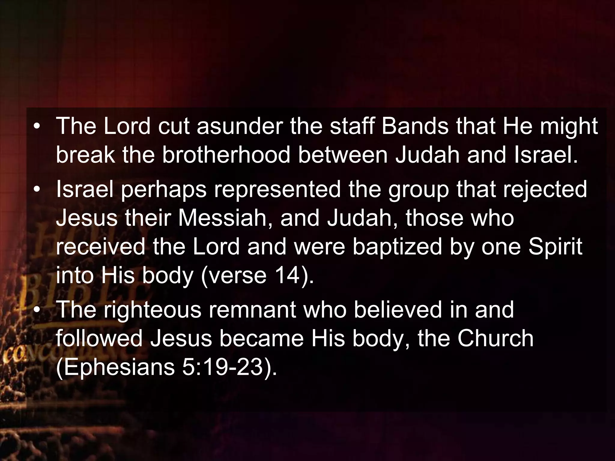 The Lord cut asunder the staff Bands that He might break the brotherhood between Judah and Israel. Israel perhaps represented the group that rejected Jesus their Messiah, and Judah, those who received the Lord and were baptized by one Spirit into His body (verse 14).The righteous remnant who believed in and followed Jesus became His body, the Church (Ephesians 5:19-23).