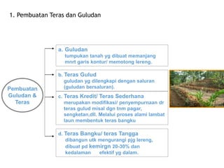 Pembuatan
Guludan &
Teras
a. Guludan
tumpukan tanah yg dibuat memanjang
mnrt garis kontur/ memotong lereng.
c. Teras Kredit/ Teras Sederhana
merupakan modifikasi/ penyempurnaan dr
teras gulud misal dgn tnm pagar,
sengketan,dll. Melalui proses alami lambat
laun membentuk teras bangku
b. Teras Gulud
guludan yg dilengkapi dengan saluran
(guludan bersaluran).
d. Teras Bangku/ teras Tangga
dibangun utk mengurangi pjg lereng,
dibuat pd kemirgn 20-30% dan
kedalaman efektif yg dalam.
1. Pembuatan Teras dan Guludan
 