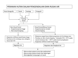 Posisi Geografis Tanah Geologi Fisiografi
Tipologi
Hutan
Non Cloud Forest
- Evapotranspirasi tinggi
- Non cloud stripping
Cloud Forest/Mossy Forest
- Evapotranspirasi rendah
- Cloud stripping
- Berperan sangat besar dalam pengisian air di recharge area
- Pasokan air dari cloud stripping > daripada CH (> 20 % pada
musim kemarau dan > 100 % pada musim penghujan)
- Kapasitas infiltrasi tanah hutan tinggi
Regulator dan Penghasil Air
- Kapasitas infiltrasi tanah hutan tinggi
- Pasokan air ke recharge area sebagian
besar dari CH
Regulator Air
PERANAN HUTAN DALAM PENGENDALIAN DAYA RUSAK AIR
- Menurunkan potensi erosi dan sedimentasi
- Menurunkan potensi banjir dan kekeringan
- Meningkatkan tampungan air tanah
 