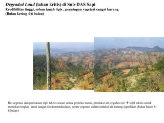 Degraded Land (lahan kritis) di Sub-DAS Sapi
Erodibilitas tinggi, solum tanah tipis , penutupan vegetasi sangat kurang
(Bulan kering 4-6 bulan)
Re-vegetasi dan perlakuan sipil teknis sesuai untuk proteksi tanah, produksi air, regulasi air  sipil teknis untuk
menekan tingkat erosi sangat direkomendasikan, peran vegetasi dalam reduksi air kurang signifikan (bulan basah 6-
8 bulan)
 
