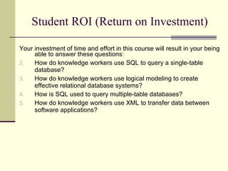 Student ROI (Return on Investment) Your investment of time and effort in this course will result in your being able to answer these questions: How do knowledge workers use SQL to query a single-table database? How do knowledge workers use logical modeling to create effective relational database systems? How is SQL used to query multiple-table databases? How do knowledge workers use XML to transfer data between software applications? 