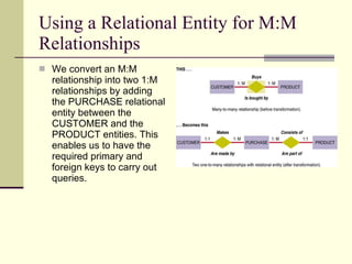 Using a Relational Entity for M:M Relationships We convert an M:M relationship into two 1:M relationships by adding the PURCHASE relational entity between the CUSTOMER and the PRODUCT entities. This enables us to have the required primary and foreign keys to carry out queries.  