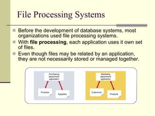 File Processing Systems Before the development of database systems, most organizations used file processing systems. With  file processing , each application uses it own set of files. Even though files may be related by an application, they are not necessarily stored or managed together. 