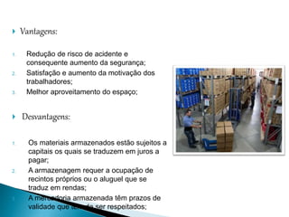  Vantagens:
1. Redução de risco de acidente e
consequente aumento da segurança;
2. Satisfação e aumento da motivação dos
trabalhadores;
3. Melhor aproveitamento do espaço;
 Desvantagens:
1. Os materiais armazenados estão sujeitos a
capitais os quais se traduzem em juros a
pagar;
2. A armazenagem requer a ocupação de
recintos próprios ou o aluguel que se
traduz em rendas;
3. A mercadoria armazenada têm prazos de
validade que têm de ser respeitados;
 