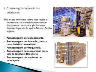  Armazenagem em função das
prioridades:
Não existe nenhuma norma que regule o
modo como os materiais devem estar
dispostos no armazém, porém essa
decisão depende de vários fatores. Senão
veja-se:
 Armazenagem por agrupamento.
 Armazenagem por tamanho, peso e
característica do material.
 Armazenagem por frequência.
 Armazenagem com separação entre
lote de reserva e lote diário.
 Armazenagem por sectores de
montagem.
 