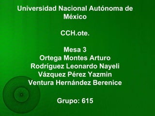 Universidad Nacional Autónoma de
             México

           CCH.ote.

             Mesa 3
      Ortega Montes Arturo
    Rodríguez Leonardo Nayeli
      Vázquez Pérez Yazmin
   Ventura Hernández Berenice

          Grupo: 615
 