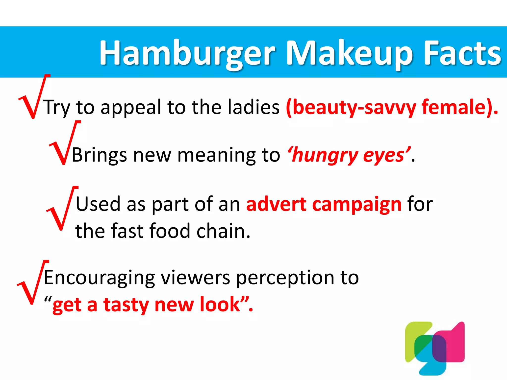 Hamburger Makeup Facts
Brings new meaning to ‘hungry eyes’.
Used as part of an advert campaign for
the fast food chain.
Encouraging viewers perception to
“get a tasty new look”.
Try to appeal to the ladies (beauty-savvy female).√
√
√
√