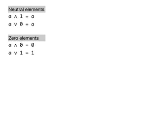a ∧ 1 = a
a ∨ 0 = a
Neutral elements
a ∧ 0 = 0
a ∨ 1 = 1
Zero elements
 