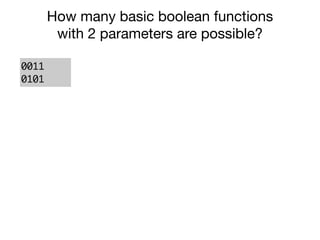 0011
0101
a
b
0000 y0 = 0
0001 y1 = a ∧ b
0010 y2 = a ∧ ¬ b
0011 y3 = a
0100 y4 = ¬ a ∧ b
0101 y5 = b
0110 y6 = a ≠ b
0111 y7 = a ∨ b
How many basic boolean functions
with 2 parameters are possible?
 