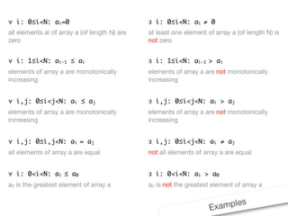 ∀ i: 0≤i<N: ai=0                               ∃ i: 0≤i<N: ai ≠ 0
all elements ai of array a (of length N) are   at least one element of array a (of length N) is
zero                                           not zero


∀ i: 1≤i<N: ai-1 ≤ ai                          ∃ i: 1≤i<N: ai-1 > ai
elements of array a are monotonically          elements of array a are not monotonically
increasing                                     increasing


∀ i,j: 0≤i<j<N: ai ≤ aj                        ∃ i,j: 0≤i<j<N: ai > aj
elements of array a are monotonically          elements of array a are not monotonically
increasing                                     increasing


∀ i,j: 0≤i,j<N: ai = aj                        ∃ i,j: 0≤i<j<N: ai ≠ aj
all elements of array a are equal              not all elements of array a are equal


∀ i: 0<i<N: ai ≤ a0                            ∃ i: 0<i<N: ai > a0
a0 is the greatest element of array a          a0 is not the greatest element of array a

                                                                              s
                                                                     E xample
 