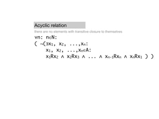 Acyclic relation
there are no elements with transitive closure to themselves
∀n: n∈N:
( ¬(∃x1, x2, ...,xn:
    x1, x2, ...,xn∈A:
    x1Rx2 ∧ x2Rx3 ∧ ... ∧ xn-1Rxn ∧ xnRx1 ) )
 
