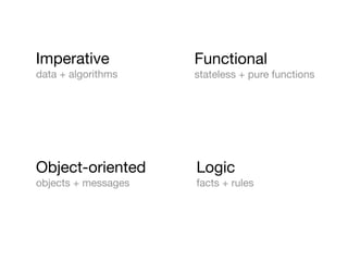 Imperative           Functional
data + algorithms    stateless + pure functions




Object-oriented      Logic
objects + messages   facts + rules
 