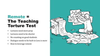 Remote =
The Teaching
Torture Test
• Lectures need more prep
• Lectures need to be shorter
• No counting on good students
• Dialogue needs to be built in Less is more
• How to leverage remote
 