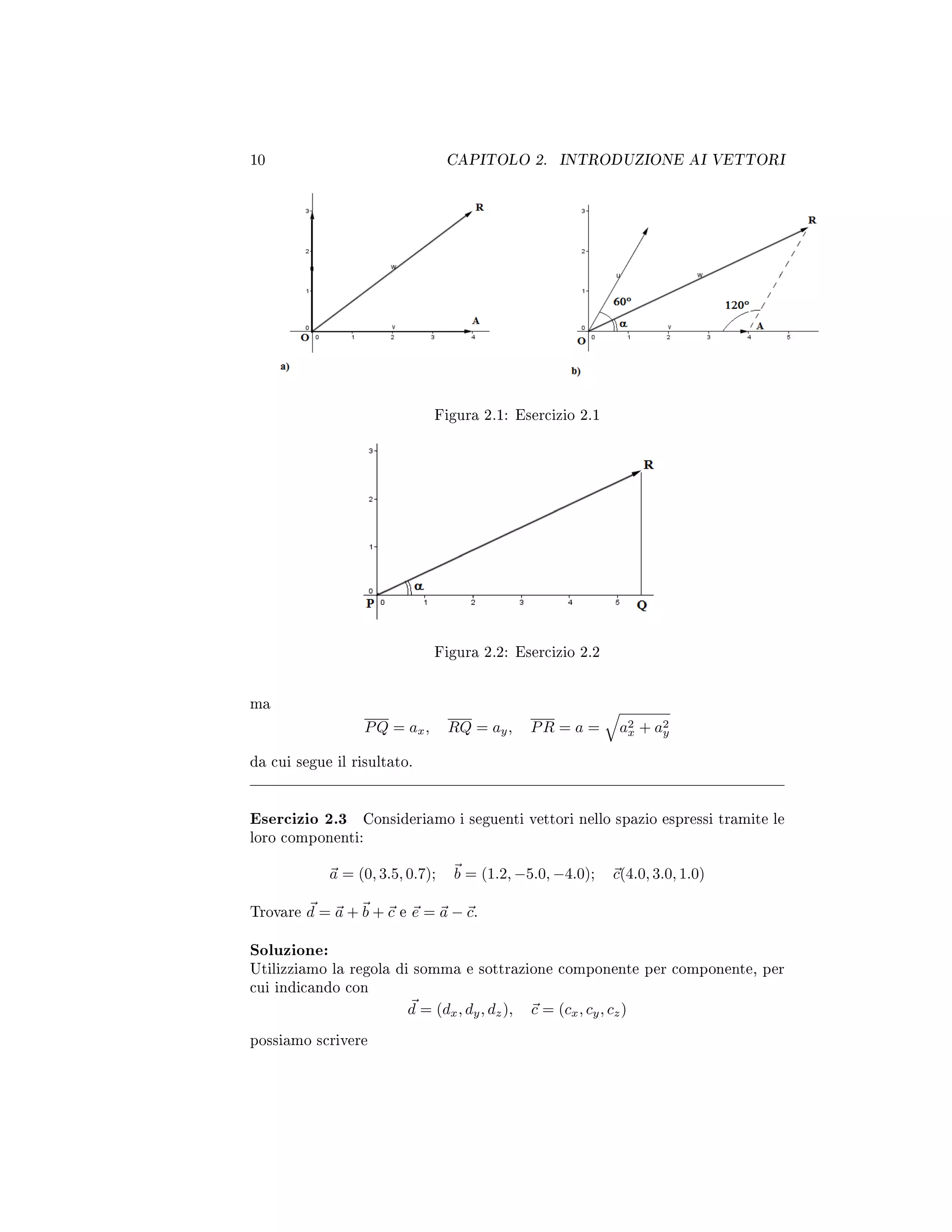 10 CAPITOLO 2. INTRODUZIONE AI VETTORI
Figura 2.1: Esercizio 2.1
Figura 2.2: Esercizio 2.2
ma
PQ = ax, RQ = ay, PR = a = a2
x + a2
y
da cui segue il risultato.
Esercizio 2.3 Consideriamo i seguenti vettori nello spazio espressi tramite le
loro componenti:
a = (0, 3.5, 0.7); b = (1.2, −5.0, −4.0); c(4.0, 3.0, 1.0)
Trovare d = a + b + c e e = a − c.
Soluzione:
Utilizziamo la regola di somma e sottrazione componente per componente, per
cui indicando con
d = (dx, dy, dz), c = (cx, cy, cz)
possiamo scrivere
 