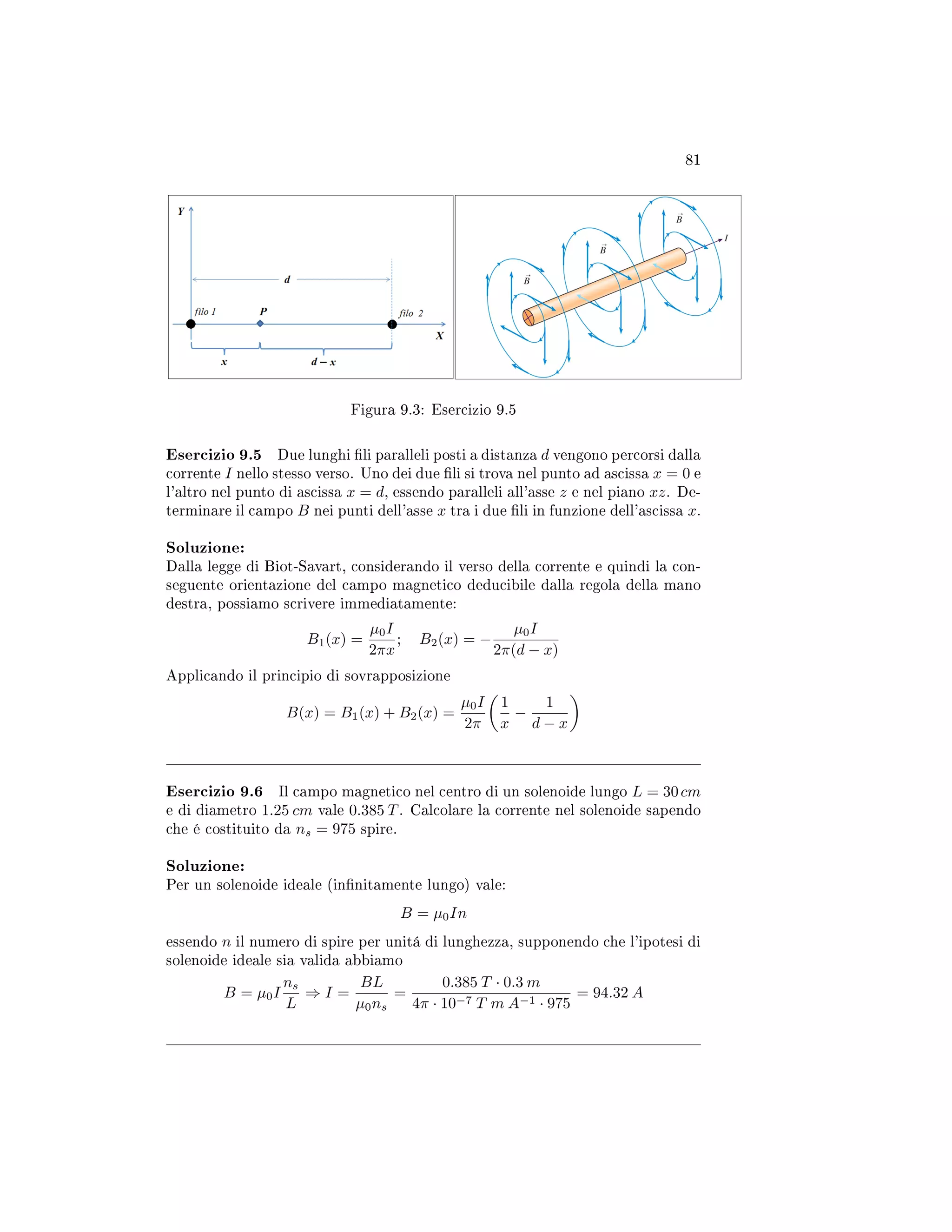 81
Figura 9.3: Esercizio 9.5
Esercizio 9.5 Due lunghi li paralleli posti a distanza d vengono percorsi dalla
corrente I nello stesso verso. Uno dei due li si trova nel punto ad ascissa x = 0 e
l'altro nel punto di ascissa x = d, essendo paralleli all'asse z e nel piano xz. De-
terminare il campo B nei punti dell'asse x tra i due li in funzione dell'ascissa x.
Soluzione:
Dalla legge di Biot-Savart, considerando il verso della corrente e quindi la con-
seguente orientazione del campo magnetico deducibile dalla regola della mano
destra, possiamo scrivere immediatamente:
B1(x) =
µ0I
2πx
; B2(x) = −
µ0I
2π(d − x)
Applicando il principio di sovrapposizione
B(x) = B1(x) + B2(x) =
µ0I
2π
1
x
−
1
d − x
Esercizio 9.6 Il campo magnetico nel centro di un solenoide lungo L = 30cm
e di diametro 1.25 cm vale 0.385 T. Calcolare la corrente nel solenoide sapendo
che é costituito da ns = 975 spire.
Soluzione:
Per un solenoide ideale (innitamente lungo) vale:
B = µ0In
essendo n il numero di spire per unitá di lunghezza, supponendo che l'ipotesi di
solenoide ideale sia valida abbiamo
B = µ0I
ns
L
⇒ I =
BL
µ0ns
=
0.385 T · 0.3 m
4π · 10−7 T m A−1 · 975
= 94.32 A
 