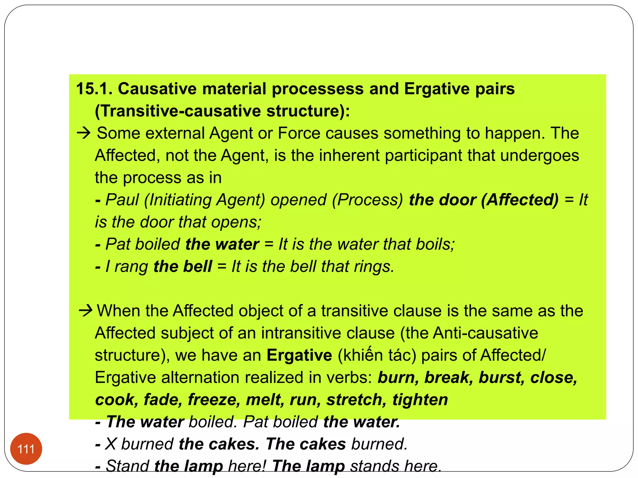 15.1. Causative material processess and Ergative pairs
(Transitive-causative structure):
 Some external Agent or Force causes something to happen. The
Affected, not the Agent, is the inherent participant that undergoes
the process as in
- Paul (Initiating Agent) opened (Process) the door (Affected) = It
is the door that opens;
- Pat boiled the water = It is the water that boils;
- I rang the bell = It is the bell that rings.
 When the Affected object of a transitive clause is the same as the
Affected subject of an intransitive clause (the Anti-causative
structure), we have an Ergative (khiến tác) pairs of Affected/
Ergative alternation realized in verbs: burn, break, burst, close,
cook, fade, freeze, melt, run, stretch, tighten
- The water boiled. Pat boiled the water.
- X burned the cakes. The cakes burned.
- Stand the lamp here! The lamp stands here.
111
 