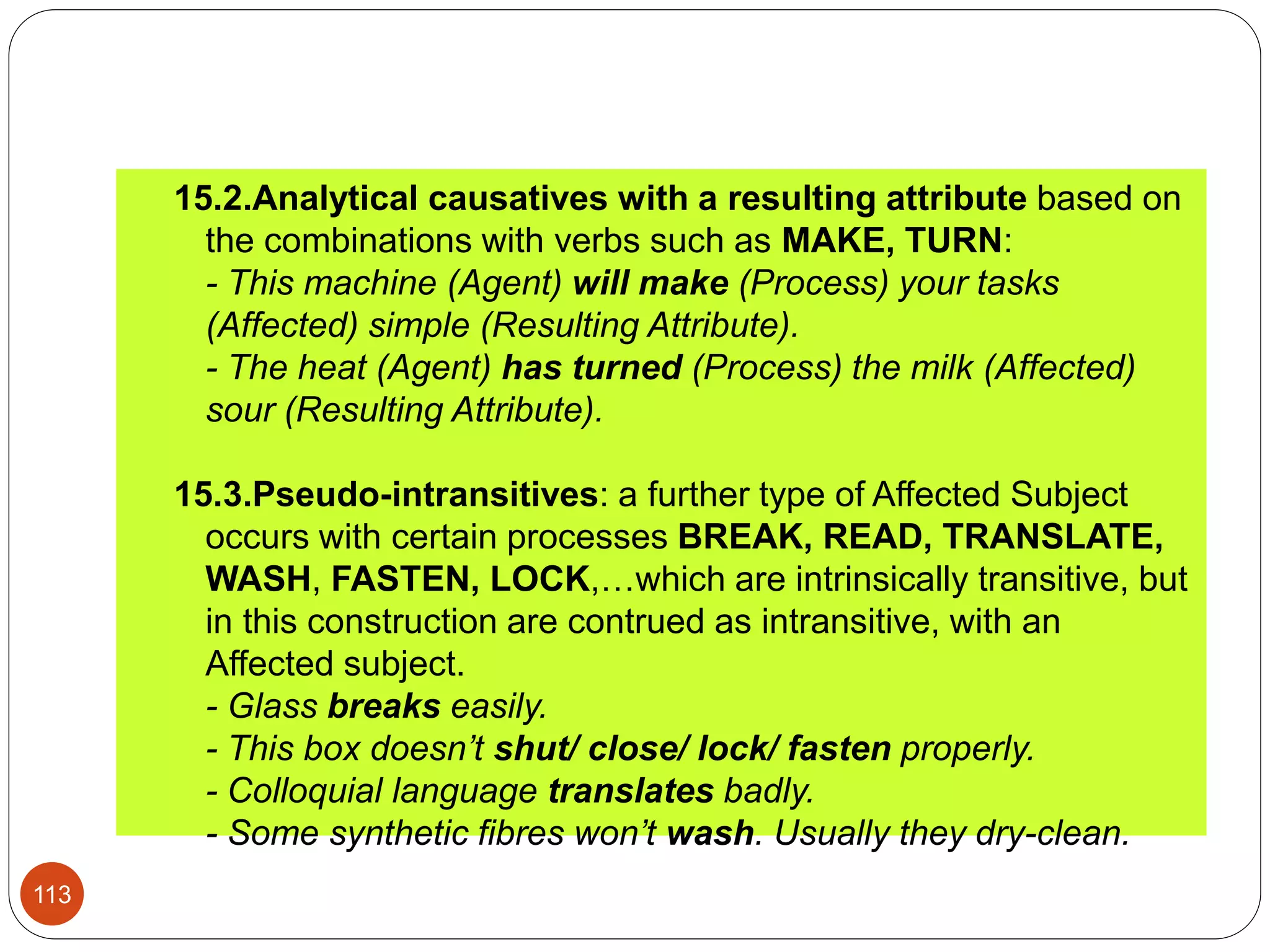 15.2.Analytical causatives with a resulting attribute based on
the combinations with verbs such as MAKE, TURN:
- This machine (Agent) will make (Process) your tasks
(Affected) simple (Resulting Attribute).
- The heat (Agent) has turned (Process) the milk (Affected)
sour (Resulting Attribute).
15.3.Pseudo-intransitives: a further type of Affected Subject
occurs with certain processes BREAK, READ, TRANSLATE,
WASH, FASTEN, LOCK,…which are intrinsically transitive, but
in this construction are contrued as intransitive, with an
Affected subject.
- Glass breaks easily.
- This box doesn’t shut/ close/ lock/ fasten properly.
- Colloquial language translates badly.
- Some synthetic fibres won’t wash. Usually they dry-clean.
113
 