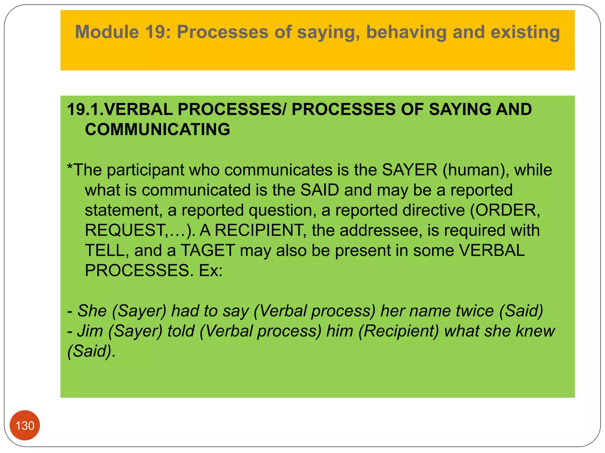 Module 19: Processes of saying, behaving and existing
19.1.VERBAL PROCESSES/ PROCESSES OF SAYING AND
COMMUNICATING
*The participant who communicates is the SAYER (human), while
what is communicated is the SAID and may be a reported
statement, a reported question, a reported directive (ORDER,
REQUEST,…). A RECIPIENT, the addressee, is required with
TELL, and a TAGET may also be present in some VERBAL
PROCESSES. Ex:
- She (Sayer) had to say (Verbal process) her name twice (Said)
- Jim (Sayer) told (Verbal process) him (Recipient) what she knew
(Said).
130
 