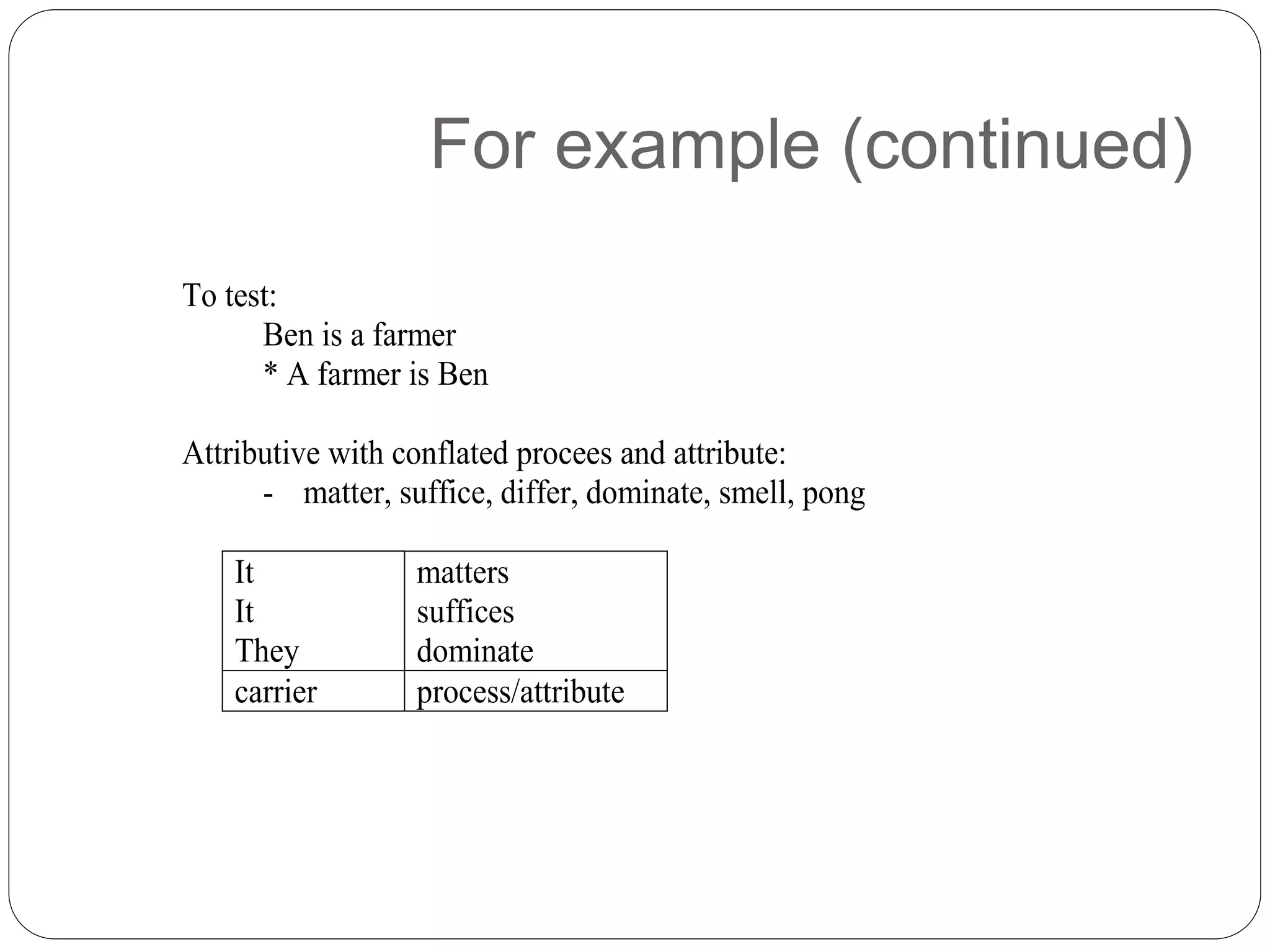 For example (continued)
To test:
Ben is a farmer
* A farmer is Ben
Attributive with conflated procees and attribute:
- matter, suffice, differ, dominate, smell, pong
It
It
They
matters
suffices
dominate
carrier process/attribute
 