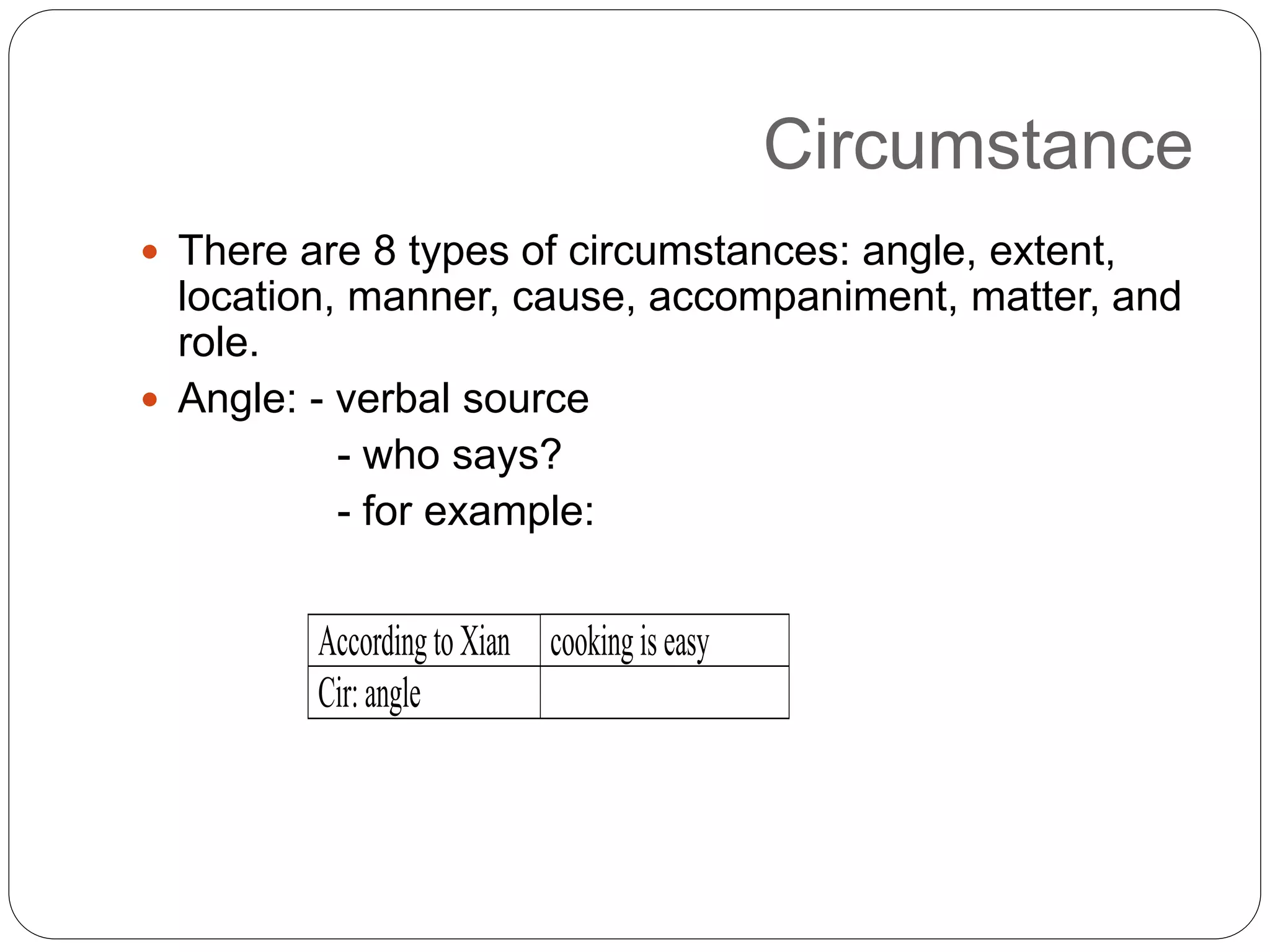 Circumstance
 There are 8 types of circumstances: angle, extent,
location, manner, cause, accompaniment, matter, and
role.
 Angle: - verbal source
- who says?
- for example:
AccordingtoXian cookingiseasy
Cir:angle
 
