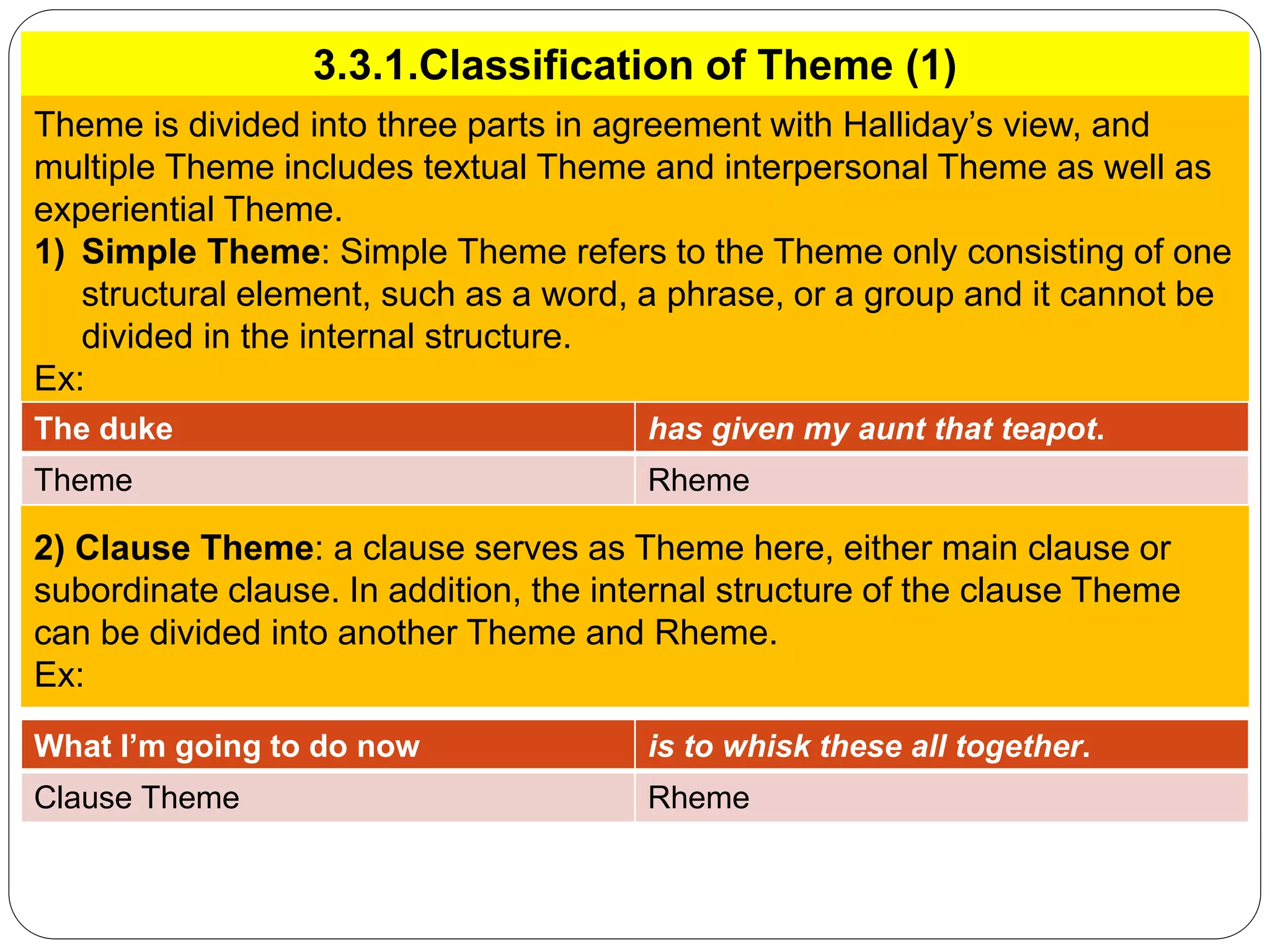 3.3.1.Classification of Theme (1)
Theme is divided into three parts in agreement with Halliday’s view, and
multiple Theme includes textual Theme and interpersonal Theme as well as
experiential Theme.
1) Simple Theme: Simple Theme refers to the Theme only consisting of one
structural element, such as a word, a phrase, or a group and it cannot be
divided in the internal structure.
Ex:
2) Clause Theme: a clause serves as Theme here, either main clause or
subordinate clause. In addition, the internal structure of the clause Theme
can be divided into another Theme and Rheme.
Ex:
The duke has given my aunt that teapot.
Theme Rheme
What I’m going to do now is to whisk these all together.
Clause Theme Rheme
 