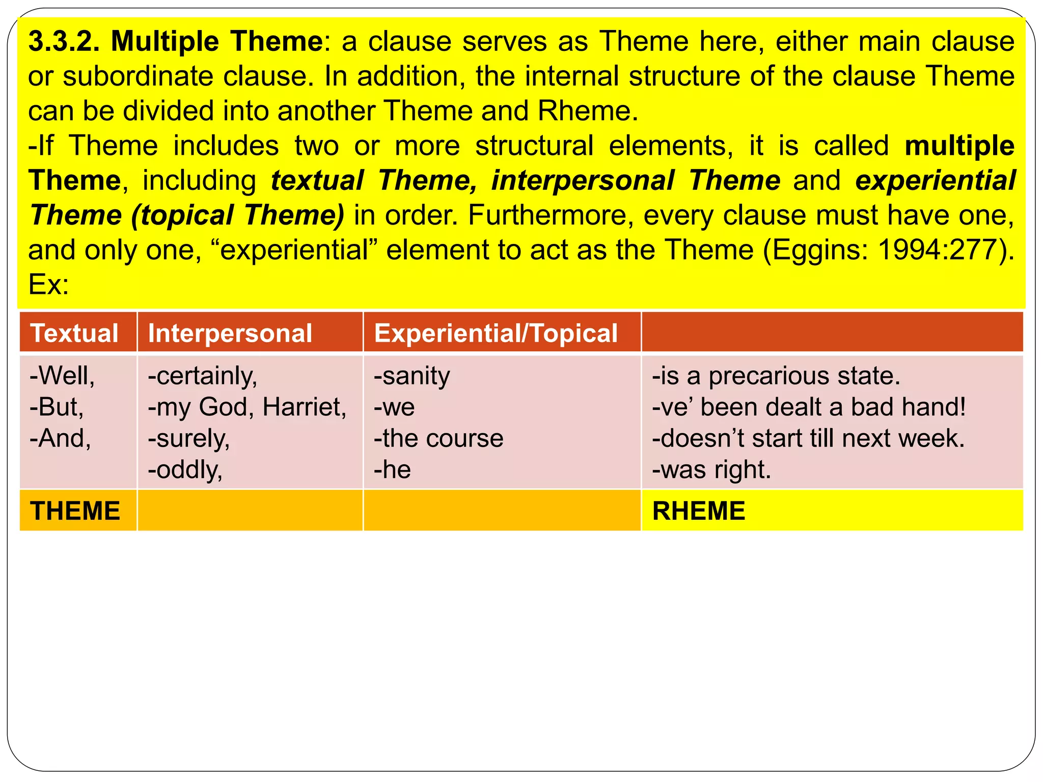 3.3.2. Multiple Theme: a clause serves as Theme here, either main clause
or subordinate clause. In addition, the internal structure of the clause Theme
can be divided into another Theme and Rheme.
-If Theme includes two or more structural elements, it is called multiple
Theme, including textual Theme, interpersonal Theme and experiential
Theme (topical Theme) in order. Furthermore, every clause must have one,
and only one, “experiential” element to act as the Theme (Eggins: 1994:277).
Ex:
Textual Interpersonal Experiential/Topical
-Well,
-But,
-And,
-certainly,
-my God, Harriet,
-surely,
-oddly,
-sanity
-we
-the course
-he
-is a precarious state.
-ve’ been dealt a bad hand!
-doesn’t start till next week.
-was right.
THEME RHEME
 