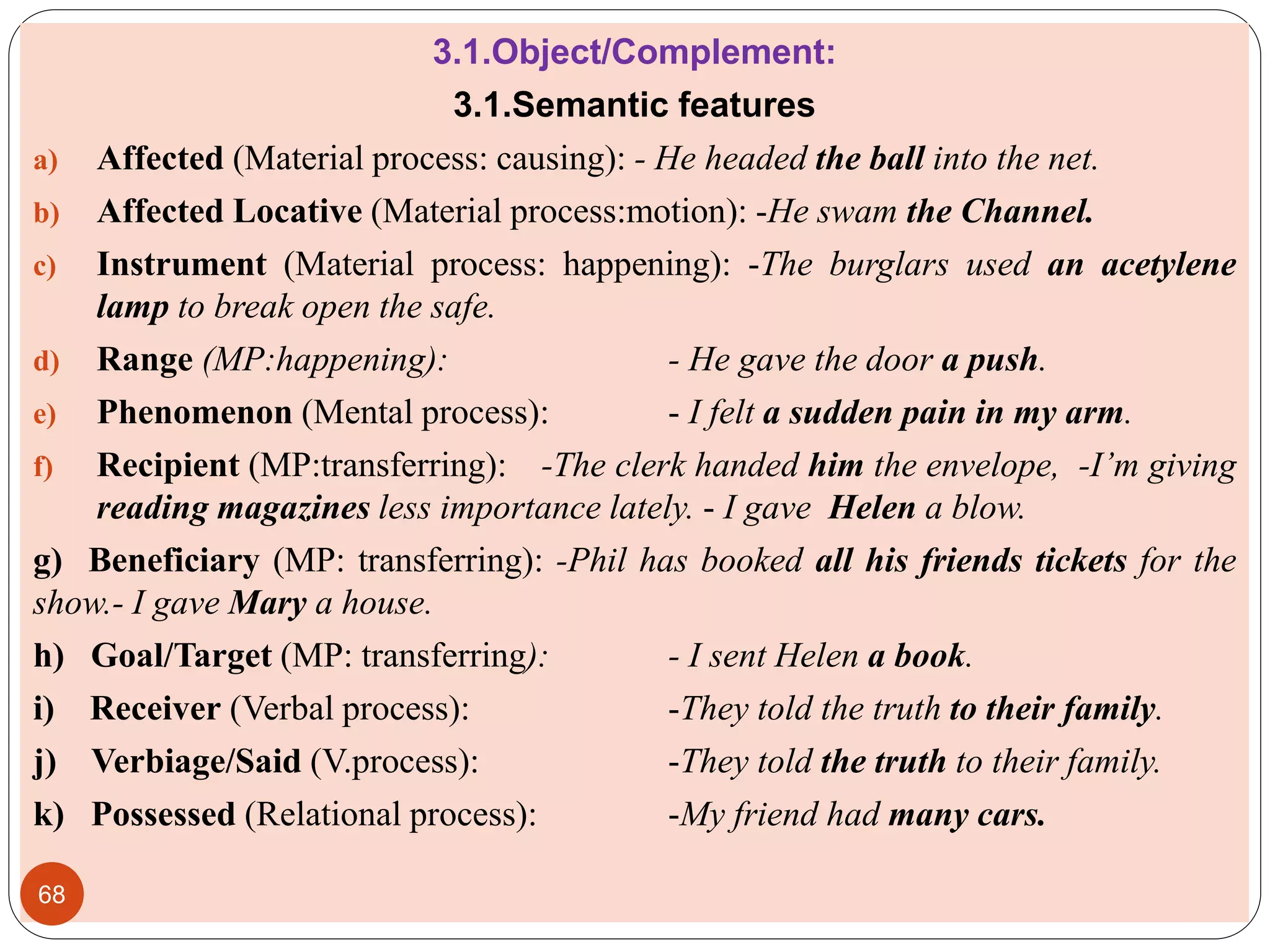 3.1.Object/Complement:
3.1.Semantic features
a) Affected (Material process: causing): - He headed the ball into the net.
b) Affected Locative (Material process:motion): -He swam the Channel.
c) Instrument (Material process: happening): -The burglars used an acetylene
lamp to break open the safe.
d) Range (MP:happening): - He gave the door a push.
e) Phenomenon (Mental process): - I felt a sudden pain in my arm.
f) Recipient (MP:transferring): -The clerk handed him the envelope, -I’m giving
reading magazines less importance lately. - I gave Helen a blow.
g) Beneficiary (MP: transferring): -Phil has booked all his friends tickets for the
show.- I gave Mary a house.
h) Goal/Target (MP: transferring): - I sent Helen a book.
i) Receiver (Verbal process): -They told the truth to their family.
j) Verbiage/Said (V.process): -They told the truth to their family.
k) Possessed (Relational process): -My friend had many cars.
68
 