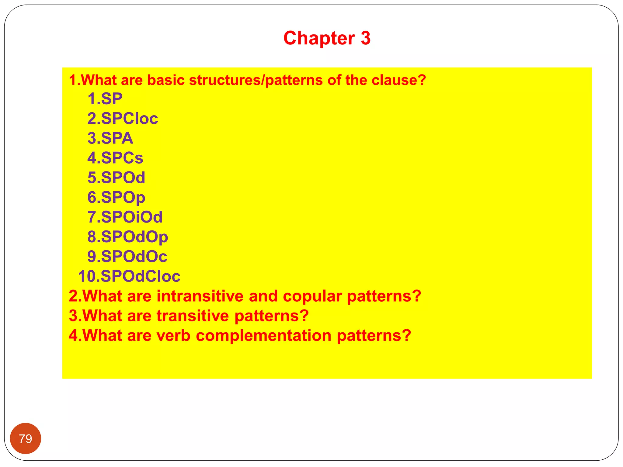 Chapter 3
1.What are basic structures/patterns of the clause?
1.SP
2.SPCloc
3.SPA
4.SPCs
5.SPOd
6.SPOp
7.SPOiOd
8.SPOdOp
9.SPOdOc
10.SPOdCloc
2.What are intransitive and copular patterns?
3.What are transitive patterns?
4.What are verb complementation patterns?
79
 