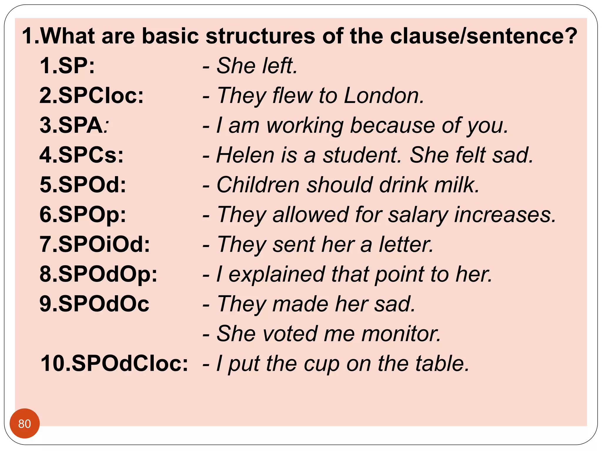 1.What are basic structures of the clause/sentence?
1.SP: - She left.
2.SPCloc: - They flew to London.
3.SPA: - I am working because of you.
4.SPCs: - Helen is a student. She felt sad.
5.SPOd: - Children should drink milk.
6.SPOp: - They allowed for salary increases.
7.SPOiOd: - They sent her a letter.
8.SPOdOp: - I explained that point to her.
9.SPOdOc - They made her sad.
- She voted me monitor.
10.SPOdCloc: - I put the cup on the table.
80
 