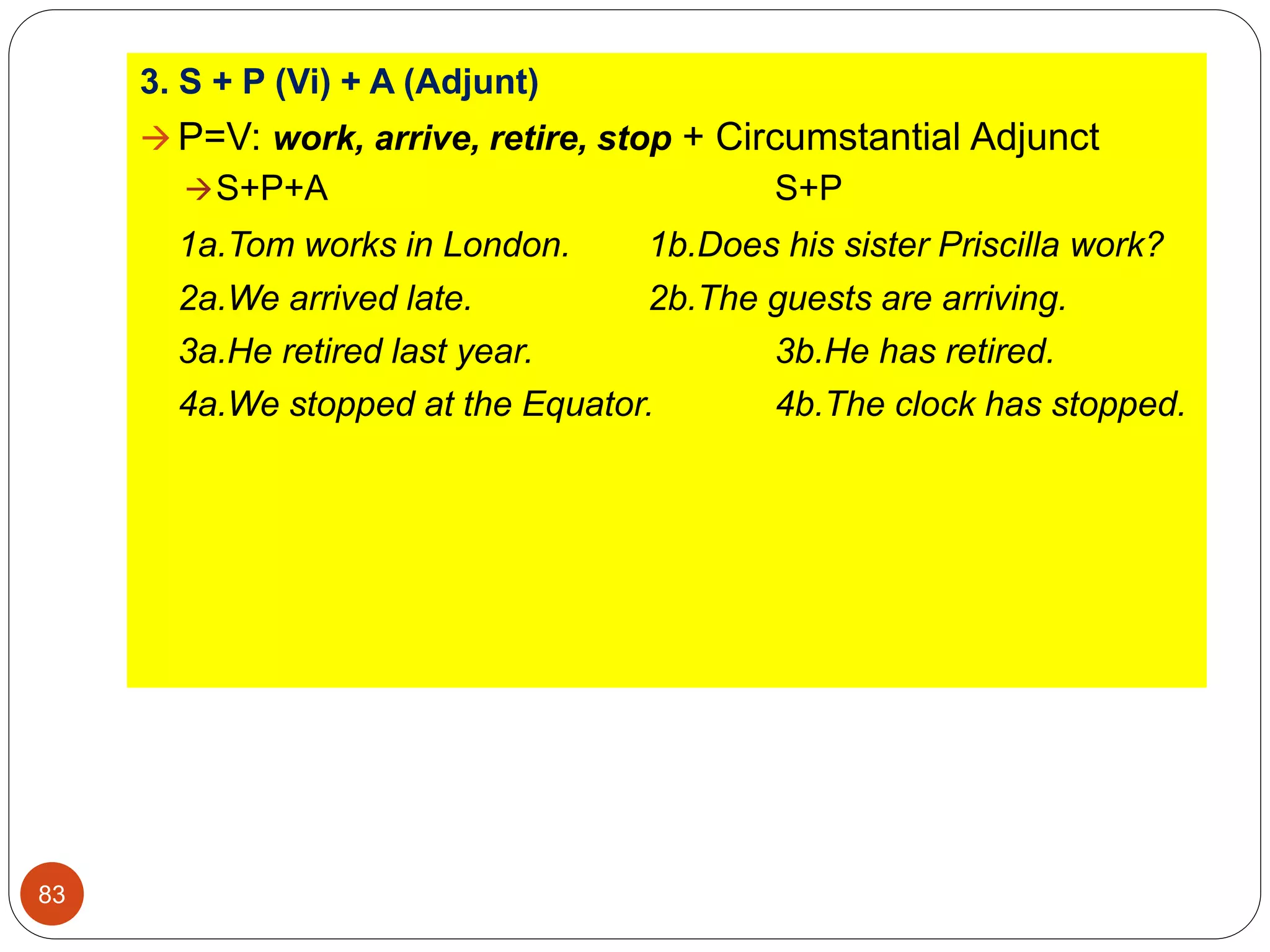 3. S + P (Vi) + A (Adjunt)
 P=V: work, arrive, retire, stop + Circumstantial Adjunct
S+P+A S+P
1a.Tom works in London. 1b.Does his sister Priscilla work?
2a.We arrived late. 2b.The guests are arriving.
3a.He retired last year. 3b.He has retired.
4a.We stopped at the Equator. 4b.The clock has stopped.
83
 